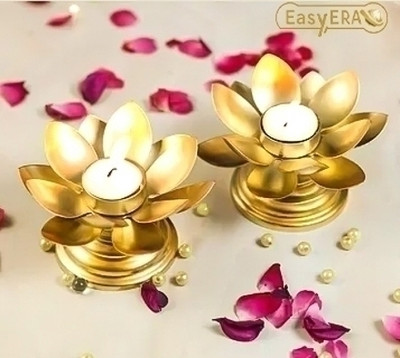 Easyera Golden Iron Table Lotus Flower T-light /Tealight Holder Diwali Diya Iron 2 - Cup Candle Holder(Gold, Pack of 2)