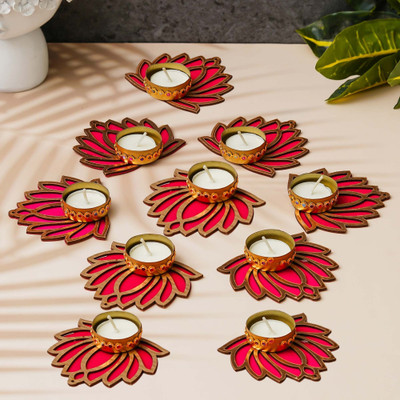 eCraftIndia Golden & Pink Lotus Flower Decorative Tea Light Candle Holders (Set of 10) Wooden 10 - Cup Tealight Holder Set(Multicolor, Pack of 10)