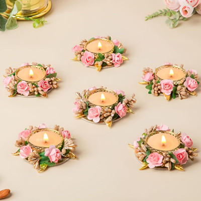 Rudram Arts Set of 6 Decorative Tealight Candle Holders Plastic (Pack of 6) Table Diya Set(Height: 2 inch)