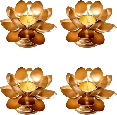 Brand Retail Iron Lotus Stand Tealight Candle Holder with Unique and Elegant Design Décor Iron 4 - Cup Tealight Holder Set(Gold, Pack of 4)