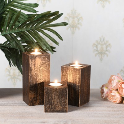 tejascraft Table Decor Tealight Candle Holder Set Wooden 3 - Cup Tealight Holder Set(Brown, Pack of 3)