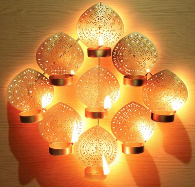 SALMAN 9 candles at once, arranged in a decorative leaf-shaped design Iron Tealight Holder(Gold, Pack of 1)