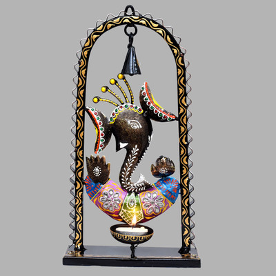 KraftsKala Ganesha Tealight Holder Tabletop and Wall Hanging Home Decor with Spiritual Bell Iron 1 - Cup Tealight Holder(Multicolor, Pack of 1)