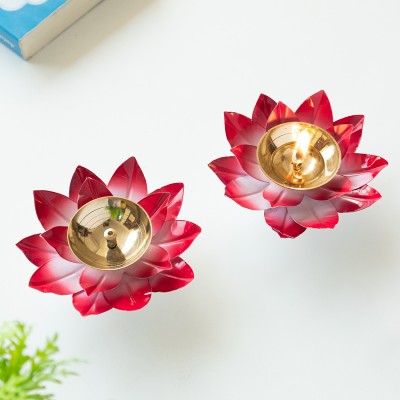 ExclusiveLane Jugnu Lotus Iron, Brass 2 - Cup Tealight Holder(Red, Pack of 2)