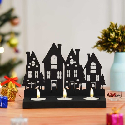 eCraftIndia Black Wooden Merry Christmas Tower Decorative Tea Light Candle Holders Wooden Tealight Holder(Black, Pack of 1)