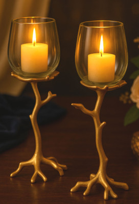 tahle Twilight Twig Light Iron, Glass 2 - Cup Candle Holder Set(Gold, Pack of 2)