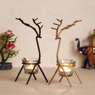 eCraftIndia Deer with Glass Iron Tealight Holder(Multicolor, Pack of 2)
