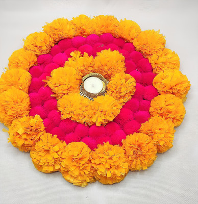 AgroAcres Artificial Marigold Flower Mat Tea Light Candle Holder/Aasan/Rangoli Mat Plastic 1 - Cup Tealight Holder(Multicolor, Pack of 1)