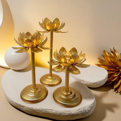 SolSales SolSales modern tealight holder stylishly shaped Lotus Candle Holder Stand Iron 3 - Cup Tealight Holder Set(Gold, Pack of 1)