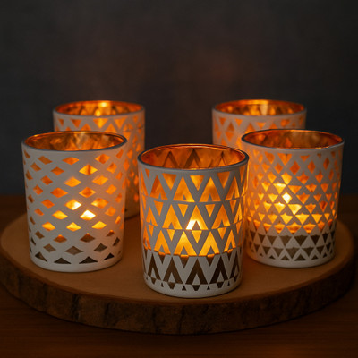 FZCREATION Handcrafted Tealight Candle Holder – Premium Table & Shelf Decoration Accent Iron 5 - Cup Candle Holder Set(Gold, White, Pack of 1)