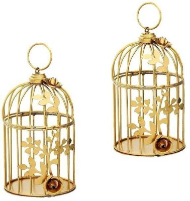 Inspiration World Diwali Gifts Candle Holder Lantern Table Decor Metal Bird Cage Light Showpieces Iron Candle Holder Set(Gold, Pack of 2)