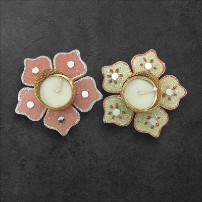 SN Resin TeaLight Holder Lotus Desgin Resin Diya for Home decór, Diwali decór Polyresin Candle Holder(Multicolor, Pack of 2)