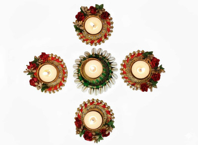 cozyycart Handmade Diya Tealight Candle Holder For Diwali, Home Decoration , Office Décor Brass 5 - Cup Tealight Holder Set(Red, Green, Gold, Pack of 5)