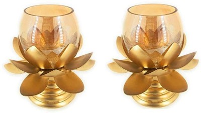 HYATT CREATION Glass 2 - Cup Tealight Holder Set(Gold, Pack of 2)