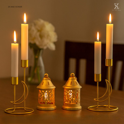 ZS AND SONS ZS AND SONS®-(Pack Of 4)-Set of 2 candle stand and Set of 2 Small Pongi Lantern Iron 4 - Cup Candle Holder Set(Gold, Pack of 4)