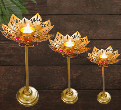 Shree Krishna Handicrafts And Gallery Shree Krishna Handicrafts and Gallery Metal Laser Cut Lotus Stand Iron Tealight Holder Set(Yellow, Pack of 3)