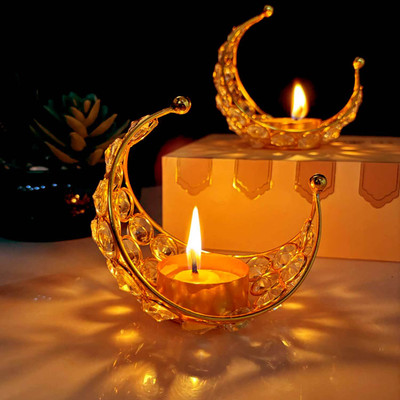 Satvik Brass Moon Crystal Diya | Spiritual Pooja Lamp – Pack of 1 Brass Candle Holder(Gold, Pack of 2)