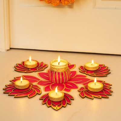 JWELLA 5 Glow Lotus Candle Holders & 1 Pink Shine Glow Bangle Steel Tealight Holder Set(Pink, Gold, White, Pack of 6)