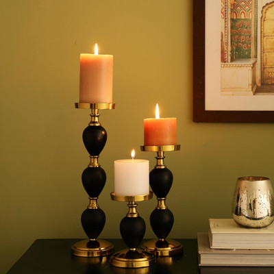 Dream Craft International DCI Modern pillar Candelabra /Wedding Centerpiece Decor Candle Stand Set of 3 Aluminium Candle Holder Set(Gold, Pack of 3)