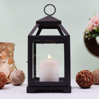Hosley Glass Iron Hanging Lantern with One Pillar Perfect for Home Decor Iron Tealight Holder(Black, Pack of 1)