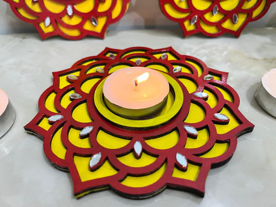 Rajni Arts HandCrafted Decorative Mandala Tealight Candle Holder with Mirror Accents Wooden 2 - Cup Tealight Holder Set(Yellow, Blue, Pack of 2)