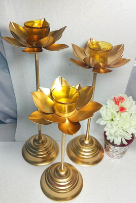 DEEPHAND Metal candle tea light diya holder set of 3 large 12 inch medium 10 inch Iron 3 - Cup Tealight Holder Set(Gold, Pack of 3)