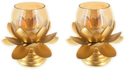 Option Gallery Cracked Lotus Candle Holder Pack of 2 Brass, Glass 1 - Cup Candle Holder(Gold, Pack of 2)