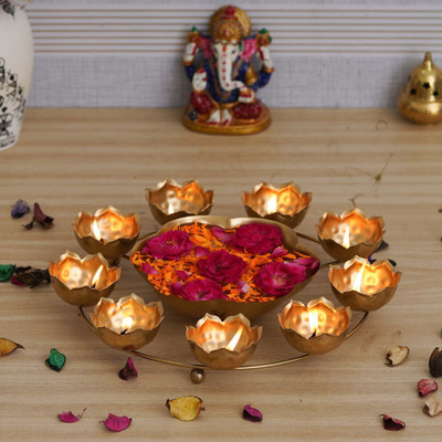 WEBELKART Premium 9 Lotus Diya Shape Urli Bowl for Home and Pooja Decor Iron Tealight Holder Set(Gold, Pack of 1)
