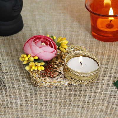 eCraftIndia Decorative Handcrafted Pink and Yellow Floral Tea Light Holder Iron 1 - Cup Tealight Holder(Gold, Pack of 1)