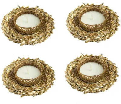 komal collectives Round Golden Candle Holder for Wall Decoration/Diwali Decoration/Table Top Wooden 4 - Cup Tealight Holder Set(Gold, Pack of 4)