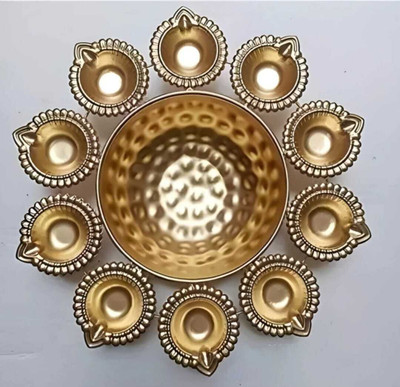 Maktech solutions Diya Shape flower decorative urli for Diwali festive decoration Iron 10 - Cup Tealight Holder(Gold, Pack of 1)