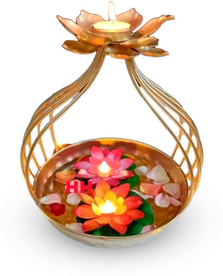 Dwellique Lotus Tealight Candle Holder with Decorative Urli Bowl Basket Brass 1 - Cup Candle Holder Set(Multicolor, Pack of 1)