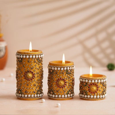 shyam antique creation Stone Work Diya Reusable Candle Holder Diwali Candles For Home Wooden 3 - Cup Tealight Holder Set(Gold, Pack of 3)