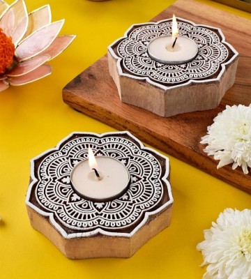 Marffil Tealight Holder Set For Diwali, Festivals, Home Decor, With Set Of 5 candles Wooden 5 - Cup Tealight Holder Set(White, Brown, Pack of 2)