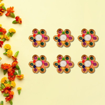 Tiny Shiny Tea Light Flower Candle Diya Holder Set for Home Office Decoration Puja Polyester 6 - Cup Tealight Holder Set(Multicolor, Pack of 6)