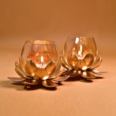 Option Gallery Cracked Lotus Candle Holder Pack of 2 Brass Candle Holder(Gold, Pack of 2)