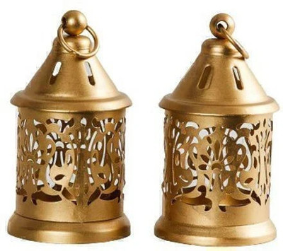 AntiqueCO Decorative Hanging Lantern Iron 1 - Cup Tealight Holder(Gold, Pack of 2)