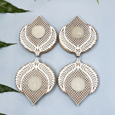 Diwam handicrafts Create a serene space with these handcrafted mandala tealights Wooden 4 - Cup Candle Holder Set(Brown, Pack of 4)