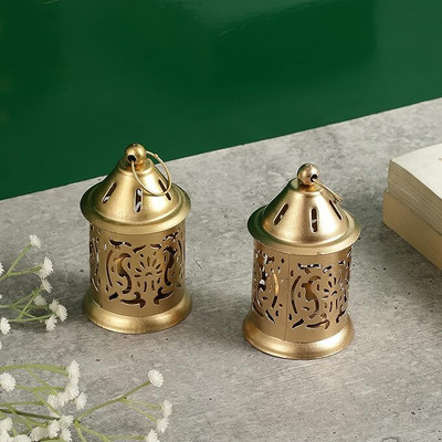 DecorGenie Hanging Tea Light Holder Lantern Gold Pack of 2 Gold Plated 2 - Cup Tealight Holder Set(Gold, Pack of 2)