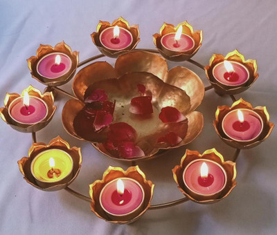 AYEZA HANDICRAFTS 9 cup diya rangoli in gold finish Iron 9 - Cup Tealight Holder(Green, Gold, Multicolor, Pack of 1)