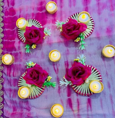 LAZYBEEE Handmade Tea Light Holders | Set of Rangoli | Diwali Decorations (4 Flower Set) Brass 4 - Cup Tealight Holder Set(Pink, Pack of 4)