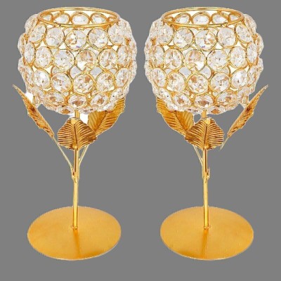 Vooy Gold Plated Crystal Brass 2 - Cup Candle Holder Set(Gold, Pack of 2)