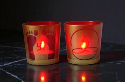 dauji enterprises Diwali Decorative Glass Tealight Candle Holder Set for Pooja Home Décor Votive Glass 2 - Cup Tealight Holder Set(Gold, Pack of 2)