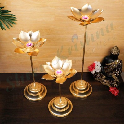 Shree Krishna Handicrafts And Gallery Shree Krishna Handicrafts and Gallery Lotus Stand Iron Tealight Holder Set(Yellow, Pack of 3)