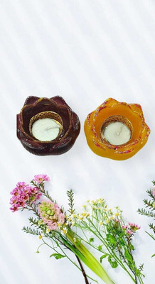 SN Resin TeaLight Holder Lotus Desgin Resin Diya for Home decór, Diwali decór Polyresin Candle Holder(Orange, Maroon, Pack of 2)