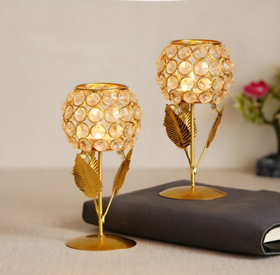 HAMZA Golden Crystal Tea Light Candle Holder Set of 2 Home Decor & Festive Lighting Iron Candle Holder(Gold, Pack of 2)