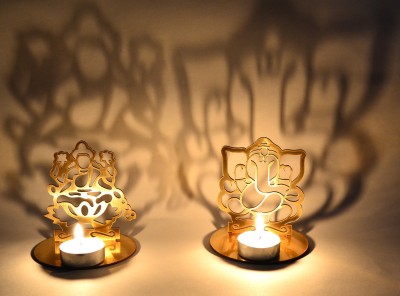 ME&YOU Laxmi Ganesh Tealight Candle Holder SG-05 Wooden Tealight Holder Set(Gold, Pack of 1)