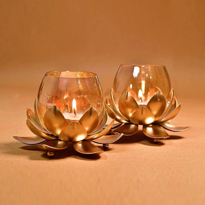 Option Gallery Cracked Lotus Candle Holder Pack of 2 Brass, Iron Candle Holder(Gold, Pack of 2)