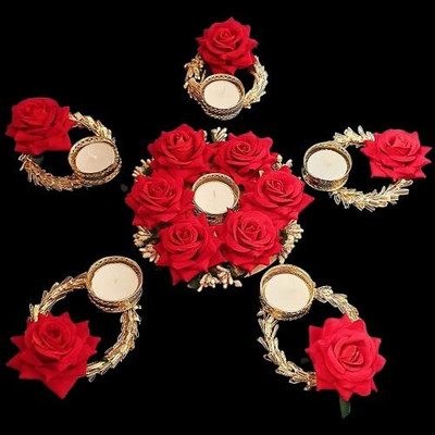 LAZYBEEE Handmade Tea Light Holders | Set of 6 Rangoli Candle Holders Brass 6 - Cup Tealight Holder Set(Red, Gold, Pack of 6)
