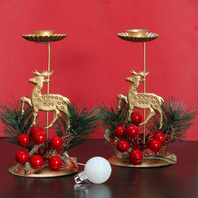 TIED RIBBONS Christmas Metal Reindeer Theme Table Tealight Bronze Candle Holder Set(Multicolor, Pack of 2)